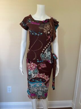 Brown Floral Print Tie-Waist two piece Dress